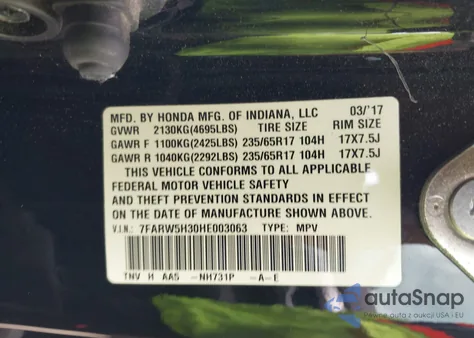 2018 Honda Crv from USA, damaged, VIN 7FARW5H30HE003063